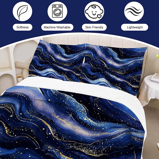 Royal Blue Gold Comforter Set Twin for Boys Kids Teens Navy Blue Gold Marble Bedding Set Abstract Goled Lines Bed Set for Home Decor Soft Luxury Marbled Quilt Set with 1 Comforter + 1 Pillowcase