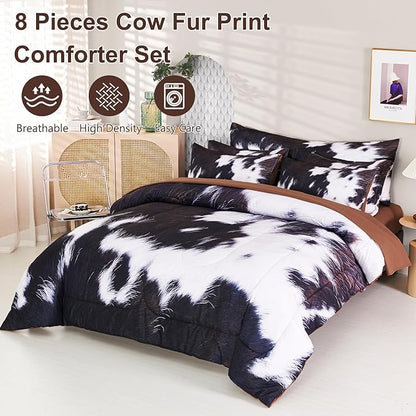 SUCSES 8 Pieces California King Comforter Set with Sheets, Cal King Size Cow Fur Print Bedding Set for Kids Teens Boys Girls, Western Style Highland Cowhide Farmhouse Bed in A Bag