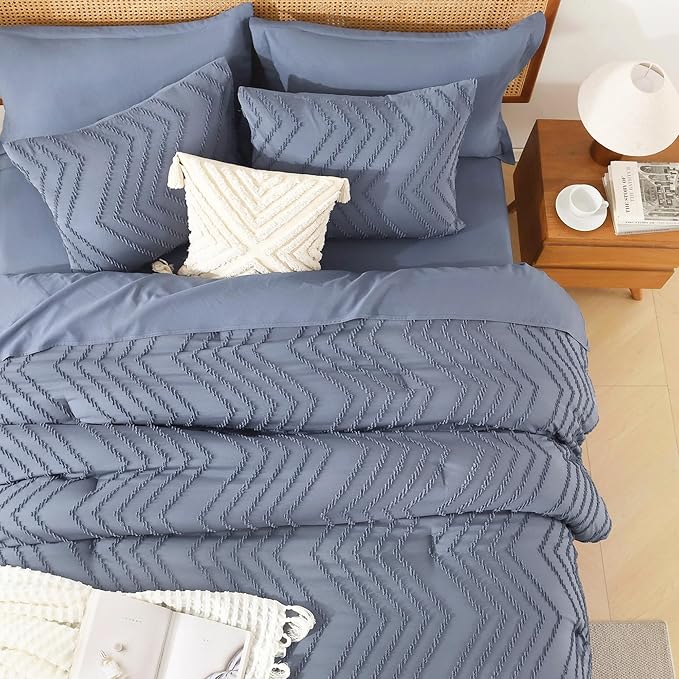 Litanika Full Size Comforter Set with Sheets Bluish Grey - 7 Pieces Bed in a Bag Full Chevron Tufted Complete Bedding Sets with Comforter, Sheets, Pillowcases & Shams