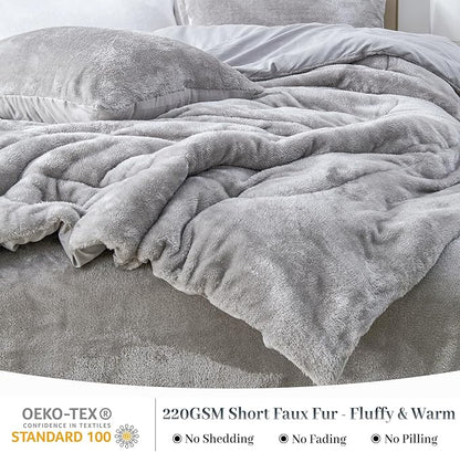 YIYEA Faux Fur Comforter Set Queen Size with Fitted Sheet, Luxury Ultra Soft Fuzzy Comforter, Fluffy Plush Velvet Bedding Comforter Sets for Fall Winter, Cozy Warmth, No Shedding, 4PC, Grey