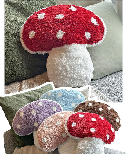 Mushroom Throw Pillow Tufted Shape Decorative Cushion 15” x 15” – Decor for Bed, Couch, Living Room (Red)