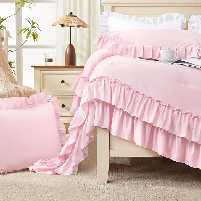 Andency Pink Comforter Set Queen Size, Lightweight Fluffy Farmhouse Pink Ruffle Bedding Set, Soft Microfiber All Season Shabby Chic Bed Comforter Set 3 Pieces(1 Ruffle Comforter 2 Pillowcases)
