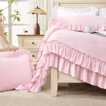 Andency Pink Ruffle Comforter Full Set, 3pcs Vintage Farmhouse Shabby Chic Bedding Comforter Set, Soft Lightweight Fluffy Bed Comforter Sets All Season Bedding Set