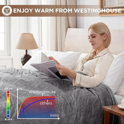Westinghouse Heated Blanket Queen Size, Electric Heating Blanket with 10 Heating Levels, 1-12 Hours Auto Shut Off, Fast Heating Warming Blanket, Machine Washable (Queen,84x90 Inches,Light Grey)