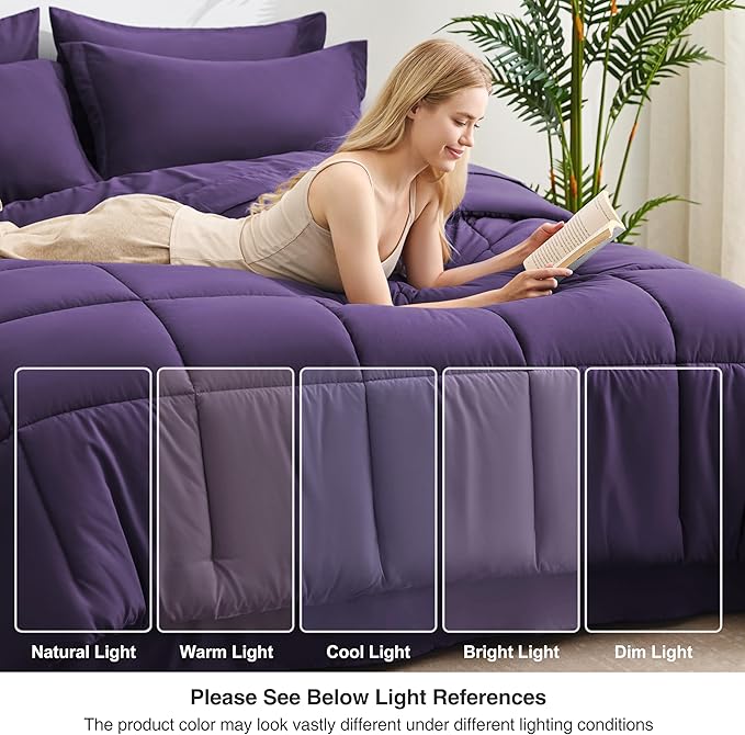Love's cabin King Size Comforter Set Dark Purple, 7 Pieces King Bed in a Bag, All Season Bedding Sets with 1 Comforter, 1 Flat Sheet, 1 Fitted Sheet, 2 Pillowcase and 2 Pillow Sham