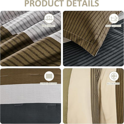 Anibedding 7 Pieces Striped King Size Comforter Set, Brown Black Soft Microfiber Down Alternative Farmhouse Bedding All Season with Comforter, Pillow Shams, Flat Sheet, Fitted Sheet and Pillowcases