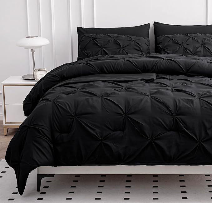 LANE LINEN California King Size Comforter Set - 7 Pcs Pintuck Bed in a Bag - Down Alternative Bed Set with Comforter, 2 Pillowcases, 2 Shams, Flat & Fitted Sheet - Warm & Cozy Hotel Quality - Black | Generous size, Plush alt loft, Cozy breathable, Over...