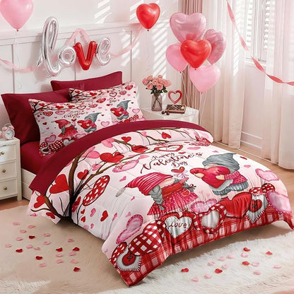 Nesker 7 Pcs Valentine's Day Comforter Set Queen Size, Gnomes Sweet Love Bedding Set for Kids and Adults, Pink Romantic Heart Sheets Bed Sheet Sets with Fitted Sheet 2 Pillowcases & 2 Shams