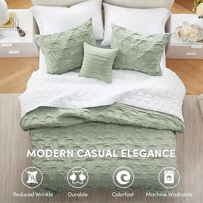 Comfort Spaces Twin/Twin XL Comforter Set for College Ogee Ruched Crinkle Texture Breathable Comforter Set Twin Dorm All Season Lightweight Bedding Set Shabby Chic Décor Pilow Green 3 Piece