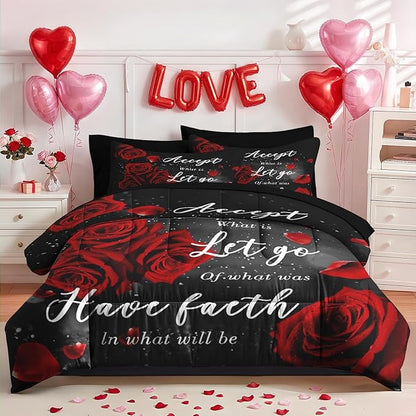 Nesker 7 Pcs Valentine's Day Comforter Set King Size, Romantic Red Rose Bedding Set for Kids and Adults, Happy Sweet Love Bed Sheet Sets with Fitted Sheet 2 Pillowcases & 2 Shams