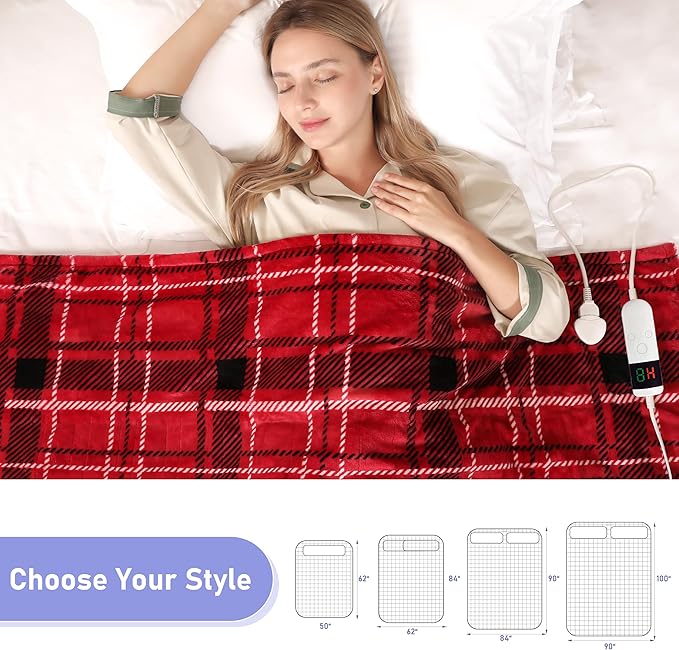 Electric Blanket Heated Throw, Soft Flannel 50"x60" Plaid Heating Blanket with 8 Hours Auto Off 10 Fast Heating Levels Machine Washable Sherpa Heated Blanket with Overheating Protection
