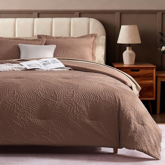 Geniospin King Size Comforter Set - 7 Pieces Brown Textured King Bedding Sets with Comforter, Sheets, Pillowcases & Shams，All Season Brown Bedding