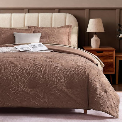 Geniospin King Size Comforter Set - 7 Pieces Brown Textured King Bedding Sets with Comforter, Sheets, Pillowcases & Shams，All Season Brown Bedding