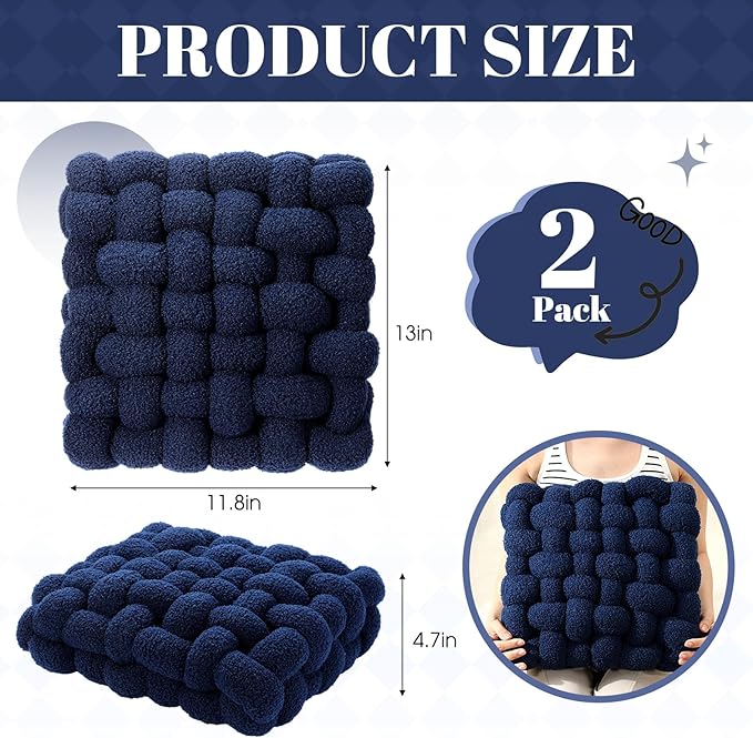 Wenqik 2 Pcs Knot Pillows Square Knotted Plush Throws Soft Accent Pillows Decoration Cushion for Couch Home Office Living Room Bedroom Bed Sofa Decor, 12'' x 13''(Navy Blue,Lambswool)