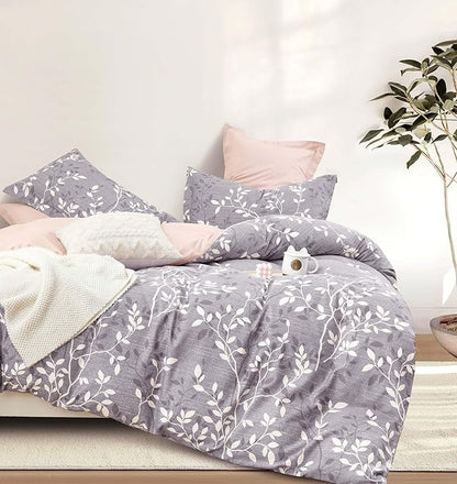 Vintage Gray Cotton Comforter King Size 3Pcs - Luxurious Design with White & Charcoal Branches Pattern, Elegant Dusty Pink Reversible Lightweight Bedding Sets with Soft Fill(104"×90")