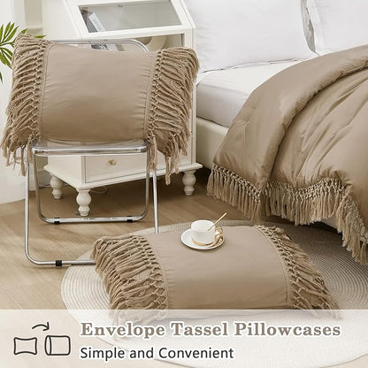 Andency Taupe Full Size Comforter Set, 3 Pieces Boho Tassel Lightweight Soft Bedding Comforter Sets, All Season Fluffy Fringe Bed Set (79x90In Comforter & 2 Pillowcases)