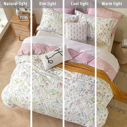 White Floral Cotton Comforter Queen Size - 3PC Lightweight Bedding Sets with Soft Fill, Vibrant Garden Botanical Patterns, Petal Pink Reversible Design with Feminine Elegance