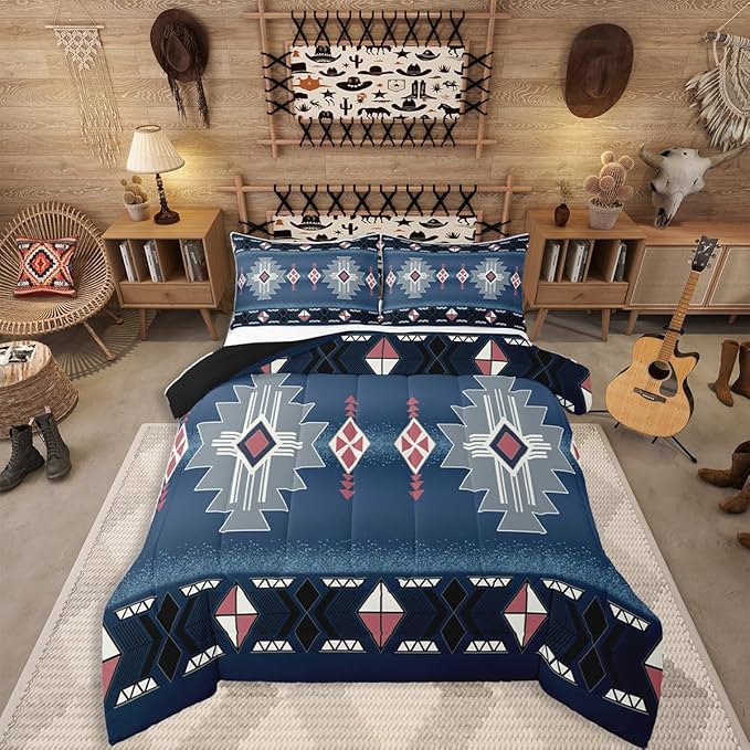 Erosebridal Southwestern Aztec Queen Bedding Set, Rustic Western Comforter Set, Exotic American Native Quilt for Boys Teens Men Bedroom, Vintage Bohemian Geometric Bedding Comforter Sets, Dark Blue