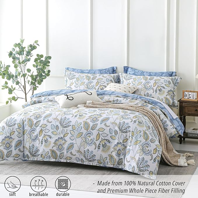 Vintage Botanical Cotton Comforter King Size 3PC - Lavish Floral on Bluish White with Frost Blue Back, Reversible Lightweight Comforter Set with Soft Fill(104"×90")