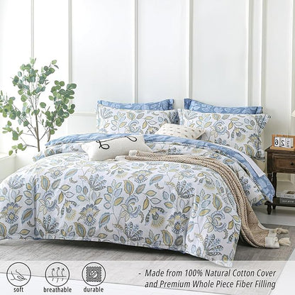 Vintage Botanical Cotton Comforter King Size 3PC - Lavish Floral on Bluish White with Frost Blue Back, Reversible Lightweight Comforter Set with Soft Fill(104"×90")