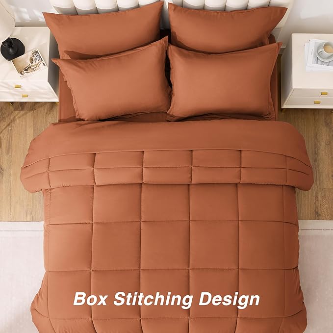 Love's cabin Twin XL Comforter Set Burnt Orange, 5 Pieces Twin XL Bed in a Bag, All Season Bedding Sets with 1 Comforter, 1 Flat Sheet, 1 Fitted Sheet, 1 Pillowcase and 1 Pillow Sham