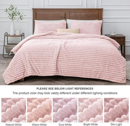 BEDELITE Fleece Queen Comforter Set -Super Soft & Warm Fluffy Pink Bedding, Luxury Fuzzy Heavy Bed Set for Winter with 2 Pillow Cases