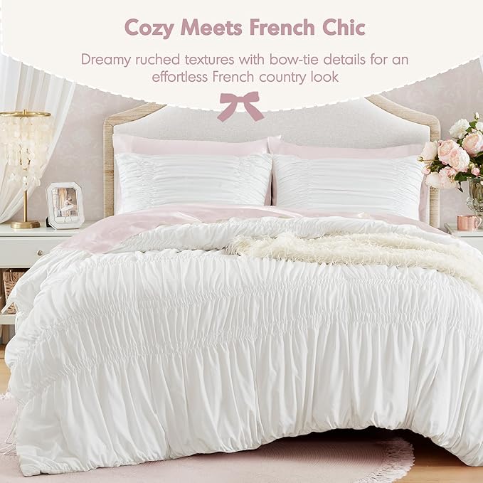 Intelligent Design King Comforter Set Ruched Shabby Chic Comforters for King Size Bed, All Season Lightweight Comforter King, French Country Bedding Set, Shams, Ella, King/Cal King, White, 3 Piece