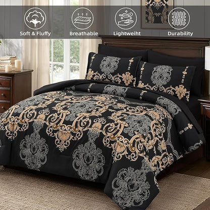 Mybedsoul 7 Pieces Black Comforter Set King Size, Gold Damask Bed in a Bag for King Bed, Lightweight Microfiber Boho Bedding Sets with Comforter, Sheet, Pillowcases & Shams for All Season(90"x104")