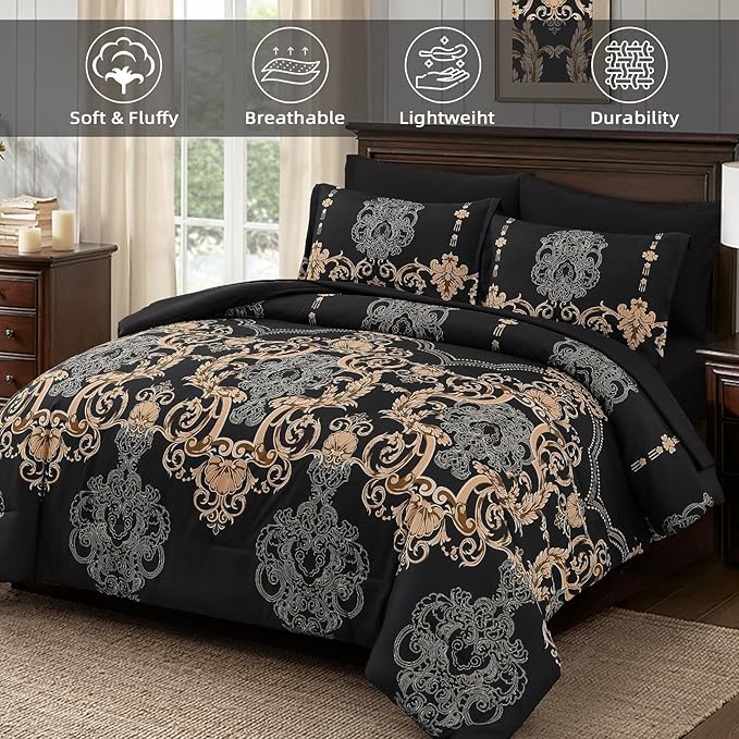 Mybedsoul Black Queen Comforter Set, 7 Pieces Gold Boho Bed in a Bag for Queen Bed, Damask Comforter with Sheets Pillowcases, Soft Microfiber Lightweight Bedding Sets for All Season(90"x90")