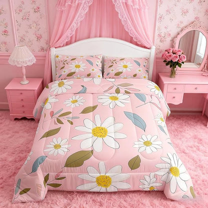Manfei White Daisy Comforter Set King Size, Flower Leaves Bedding Set 3pcs for Kids Boys Girls Bedroom Decor, Botanical Floral Print Quilt Set Soft Polyester Duvet Set with 2 Pillowcases