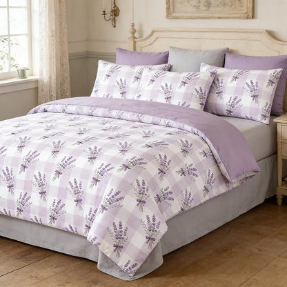 Gingham Queen Bed in A Bag 5Pcs Purple Lavender Bedding Comforter Set Boho Checkered Quilted Comforter with 2 Pillowcases + 1 Flat Sheet + 1 Fitted Sheet, 90"x90"