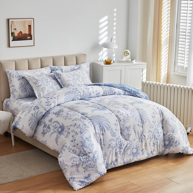 Flysheep Botanical Bed in a Bag Twin Size 6 Pieces, Reversible Blue and White Flower Printed Comforter Bedding Set (1 Comforter, 1 Flat Sheet, 1 Fitted Sheet, 2 Pillow Shams and 1 Pillowcase)
