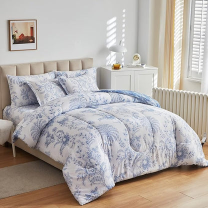 Flysheep Botanical Bed in a Bag Twin Size 6 Pieces, Reversible Blue and White Flower Printed Comforter Bedding Set (1 Comforter, 1 Flat Sheet, 1 Fitted Sheet, 2 Pillow Shams and 1 Pillowcase)