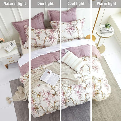Floral Cotton Comforter King Size 3Pcs - Pink Flowers on Botanical Textured Beige Front, Mauve Taupe Back, Reversible Lightweight Bedding Sets with Soft Fill(King, 104"×90")