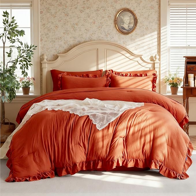 MR&HM King Size Comforter Set Terracotta, Comforter Set 7 Pieces for Girls Women, Shabby Chic Vintage Cottagecore Bed Sets Elegance Boho Bed in a Bag, Ultra-Soft & Fluffy Comforter for All Season