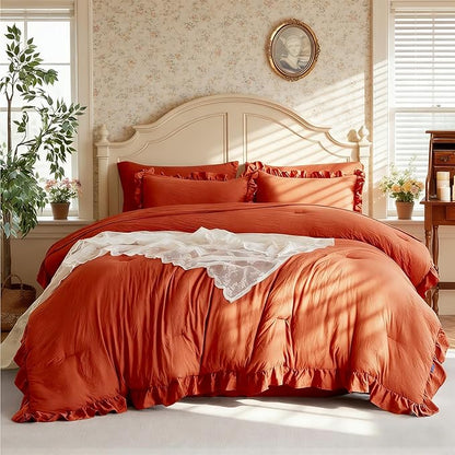 MR&HM California King Comforter Set Terracotta, Comforter Set 7 Pieces for Girls Women, Shabby Chic Vintage Cottagecore Bed Sets Boho Bed in a Bag, Ultra-Soft & Fluffy Comforter for All Season