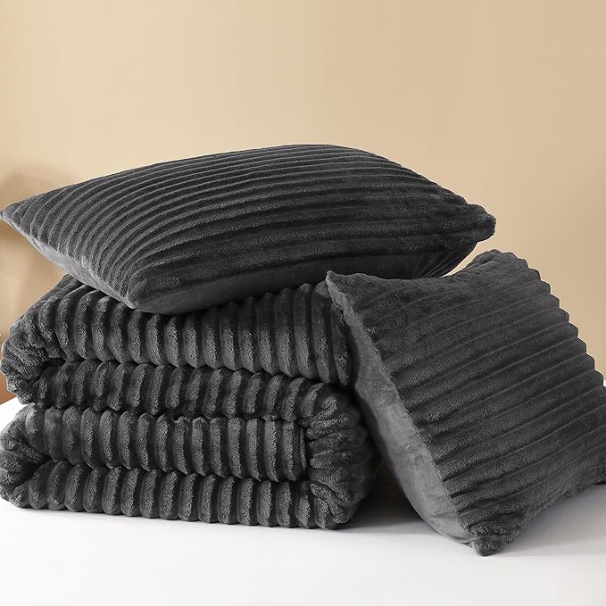 Andency Fleece King Comforter Set, 3 Pieces Dark Grey Comforter Set for King Size Bed, Soft Warm Fluffy Fuzzy Dark Gray Bedding Set for Winter (1 Comforter & 2 Pillowcases)