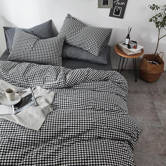 mixinni Black Gingham Comforter Set King, Plaid Comforter Set 3 Pieces 1 Black Grid Comfoter with 2 Pillow Cases for All Seasons, Soft Fluffy Modern Grid Pattern Printed Bedding-King Size