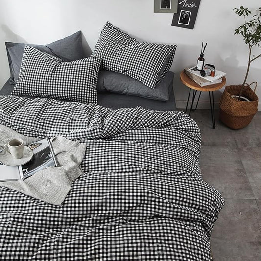 mixinni Black Gingham Comforter Set Queen, Plaid Comforter Set 3 Pieces 1 Black Grid Comfoter with 2 Pillow Cases for All Seasons, Soft Fluffy Modern Grid Pattern Printed Bedding-Queen Size