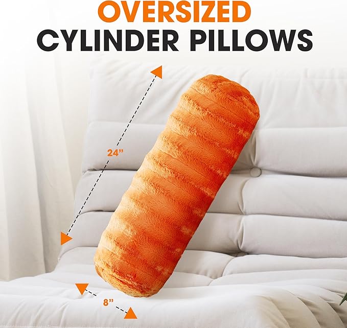 Cheer Collection Faux Fur Bolster Pillows – Soft Decorative Cylinder Pillows for Bed or Couch, Machine Washable – 8” x 24”, Set of 2, Rust
