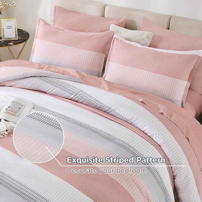 Andency King Size Comforter Set 7 Pieces - Pink Striped Lightweight Bed in a Bag, Fully Microfiber Bedding Breathable All Season Beddding Set with Comforter, Fitted & Flat Sheet, Pillowcases & Shams