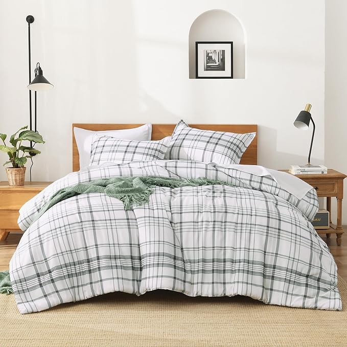 Andency Green White Plaid Comforter Set Full(79x90Inch), 3 Pieces Preppy Grid Gingham Stripes Bedding Comforter Sets for Boys Girls Kids Teens, Green Line Soft Lightweight Geometric Reversible Bed Set