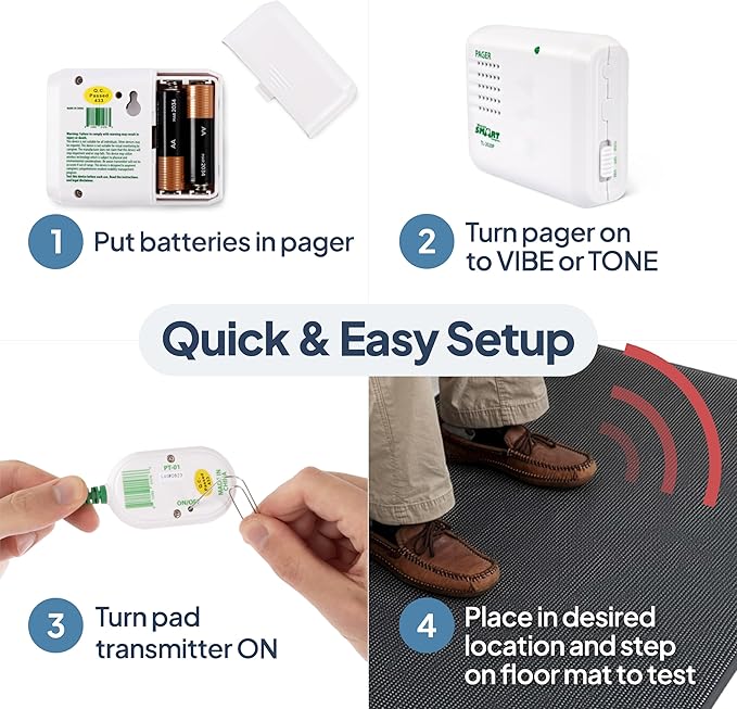 Smart Caregiver Floor Mat Alarm and Pager System - Includes Wireless Pager That Alerts When Someone Steps on The Durable 24in x 48in Floor Mat Sensor
