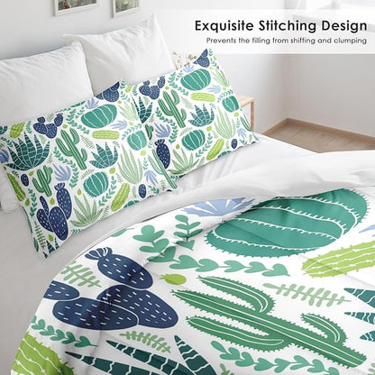 Comforter Set King Size, Green Plants Desert 3 Pcs Soft Bedding Set for Kids and Adults, Cactus Flower Summer Comforter Set with 2 Pillowcases, for Bedroom Bed Decor