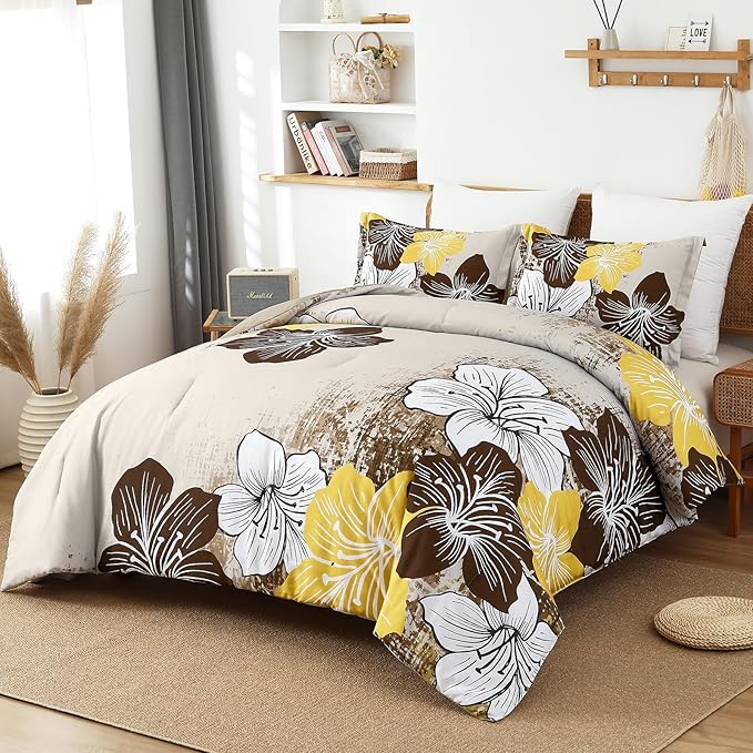 Menghomeus Brown Floral Comforter Set Queen Ombre Brown Bedding Lightweight Microfiber Bed Comforter for All Season, 3 Piece Flowers Comforter with 2 Pillowcases
