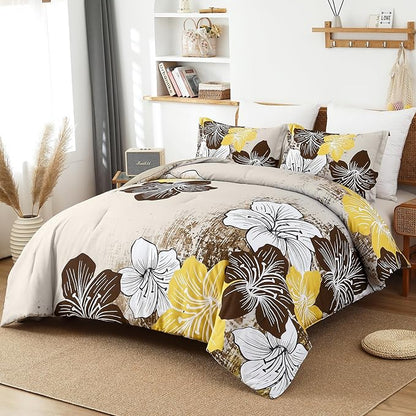 Menghomeus Brown Floral Comforter Set Queen Ombre Brown Bedding Lightweight Microfiber Bed Comforter for All Season, 3 Piece Flowers Comforter with 2 Pillowcases