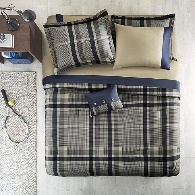 Intelligent Design Robbie 7-Piece Twin XL Comforter Set – Lightweight All-Season Plaid Bedding, Navy/Tan, Cozy Bed-in-a-Bag with Matching Shams & Decorative Pillow, Modern Casual Style