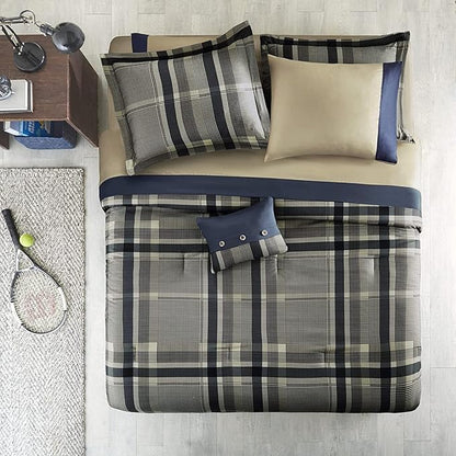 Intelligent Design Robbie 9-Piece Queen Comforter Set – Lightweight All-Season Plaid Bedding, Navy/Tan, Cozy Bed-in-a-Bag with Matching Shams & Decorative Pillow, Modern Casual Style