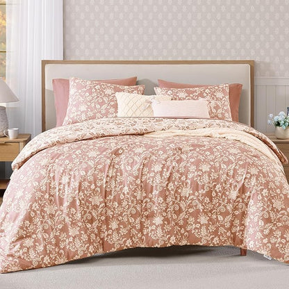 Twin XL Comforter Set -5 Pieces Floral Clay Pink Bedding Set for All Seasons, Bed in a Bag with Botanical Flowers Comforter, Sheets, Pillowcase & Sham