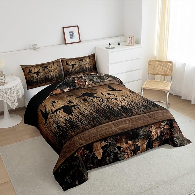 Erosebridal Camo Mallard Duck Comforter Set for Kids Boys Men Rustic Farmhouse Cabin Bedding Comforter Sets Queen,Hunting Woodland Duck Bedding Set Country Wood Board Animal Silhouette Bed Set